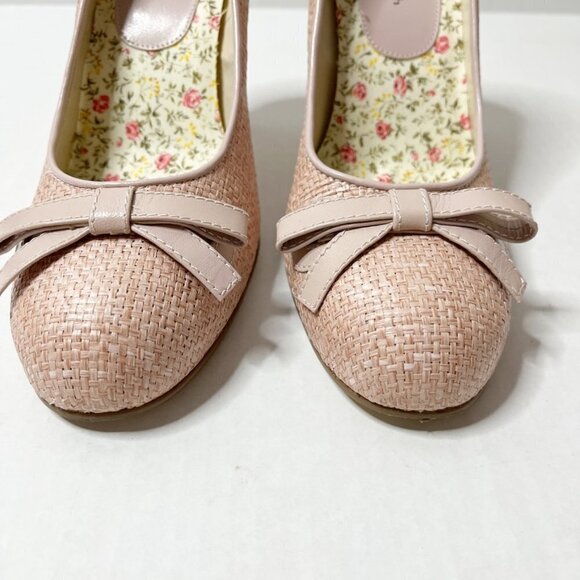 Amanda Smith Women's Belle High Heels Size 8M Pink Raffia Bow Straw Tweed Pumps - Picture 5 of 12
